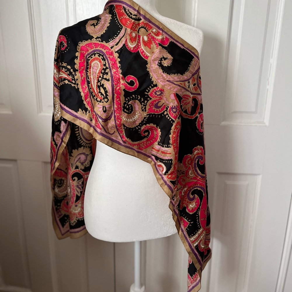 Vintage Anne Klein Silk Scarf Paisley Black Magenta Lilac Long